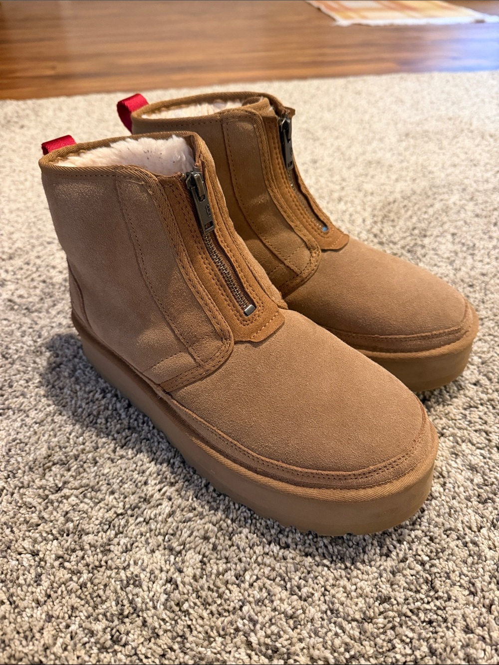 UGG women’s Zip-Front Suede Boots in Chestnut Tan